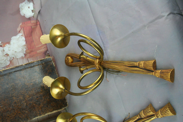 PAIR hunting horn brass 2 arms sconces wall ligts lamp 1920 French