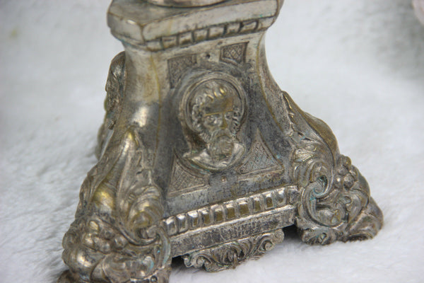 PAIR antique religious Bronze Candlesticks church crystal glass portrait heads