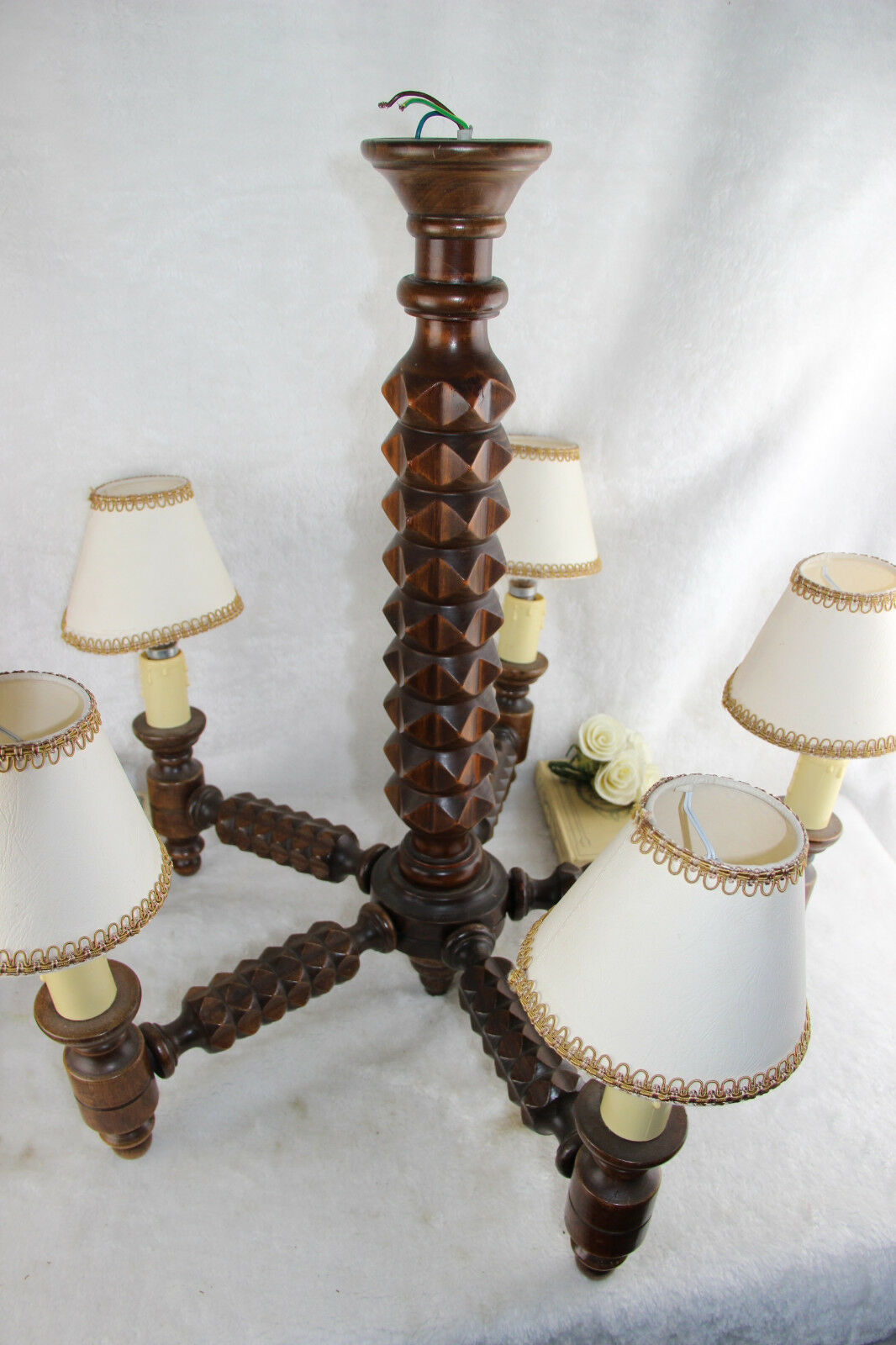 French art deco Wood carved 5 arms chandelier barley twist geometric design rare