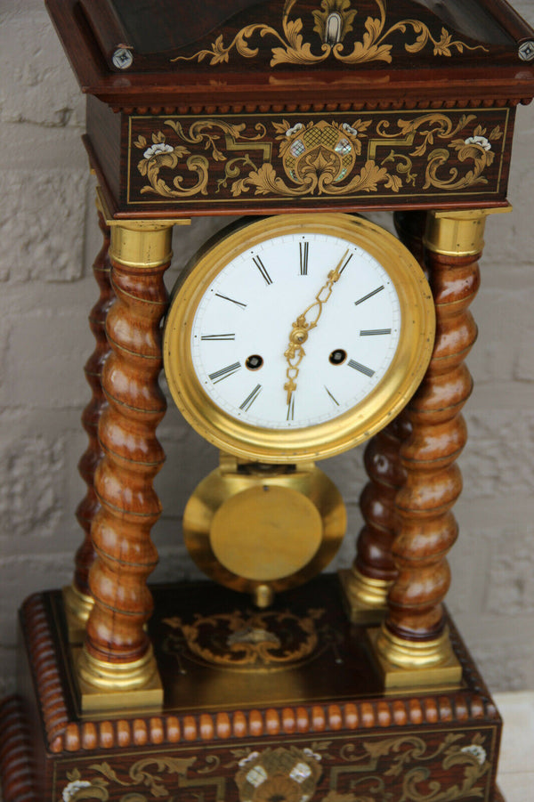 Antique French portico NAPOLEON III mantel clock inlaid barley twist column
