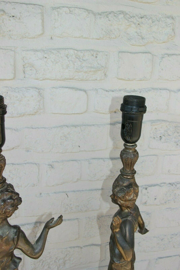 Pair XL antique French metal Romantic boy girl figurine table lamps