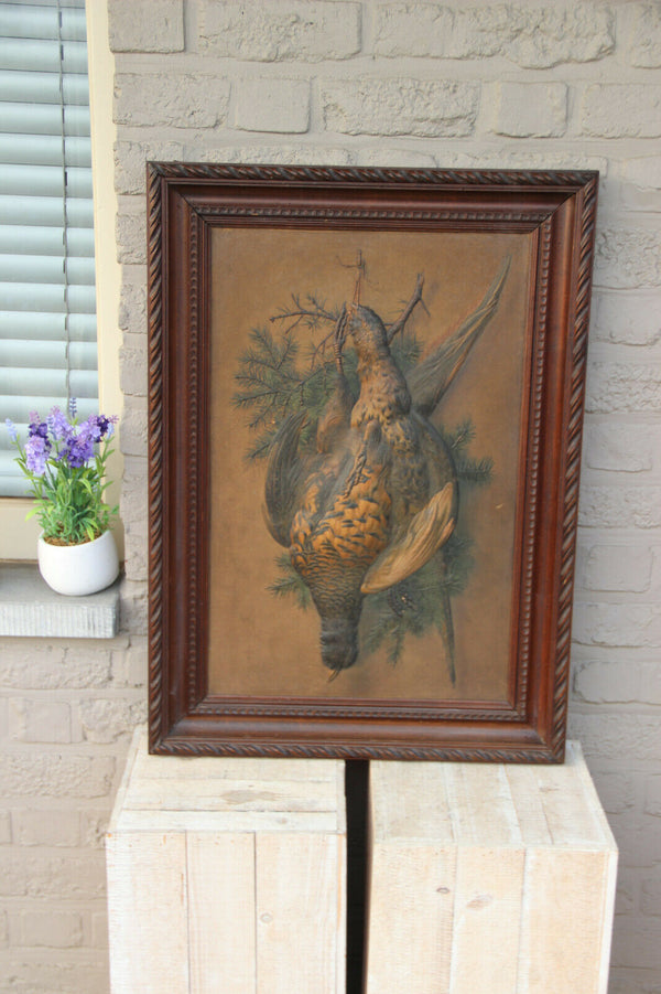 Antique 19thc Hunting trophy partridge bird pheasant relief hand paint panel