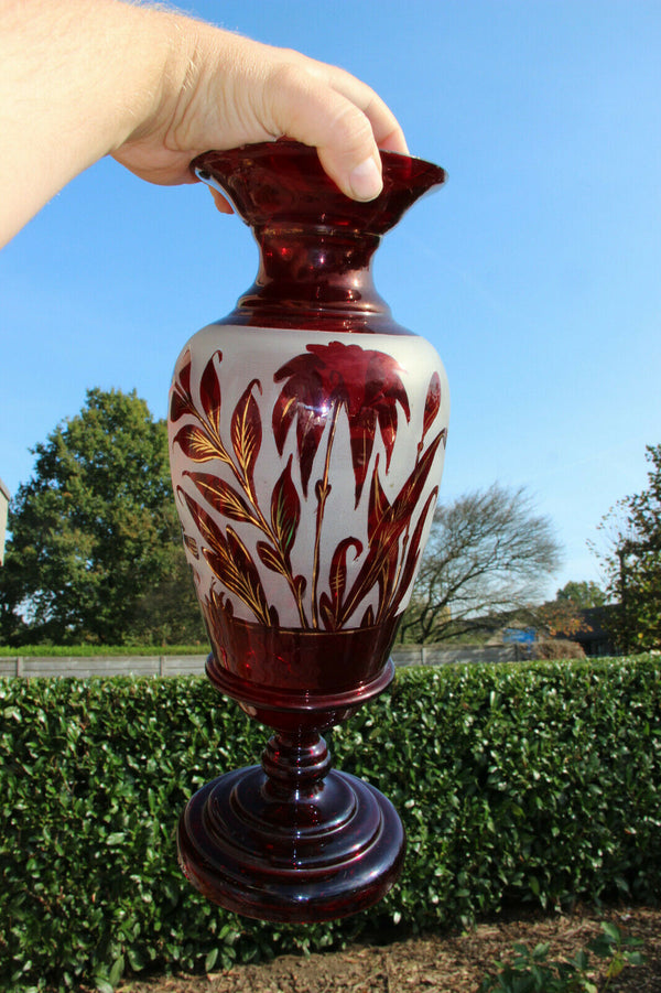 Set Czech bohemia ruby red colour etched glass Vases set floral decor 1960