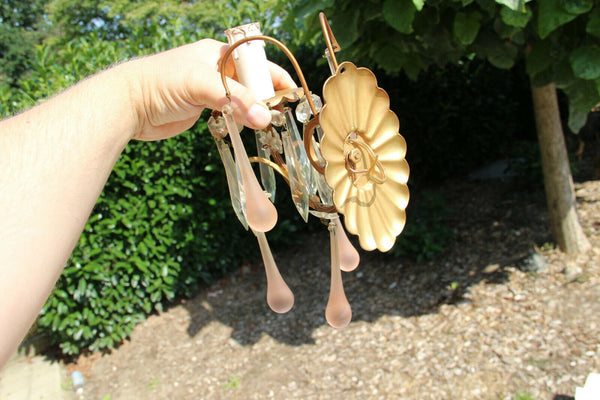 PAIR 1960 Italian wall lights sconces pink murano drops crystal pendants