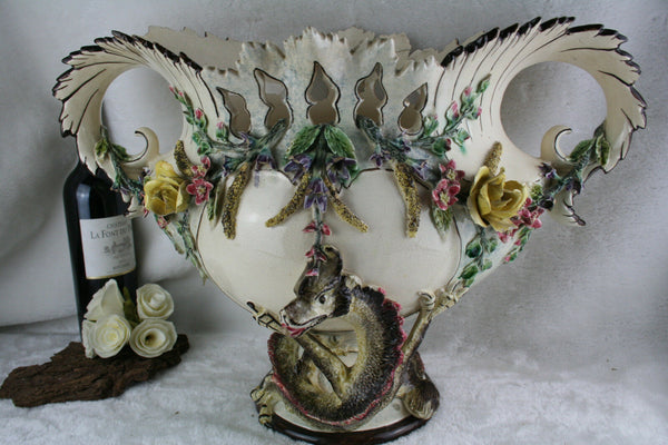 Majestic French 1900 Faience barbotine Planter dragon flowers jardiniere gothic