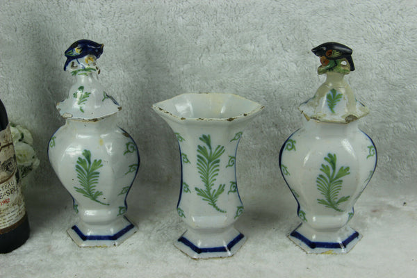 Set 3 Antique Delft polychrome pottery vases set farm landscape dutch decor mark