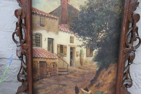 Rare antique black forest wood carved Frame with oil panel painting chickens