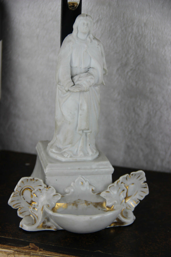 Antique German bisque porcelain Christ crucifix holy water font religious