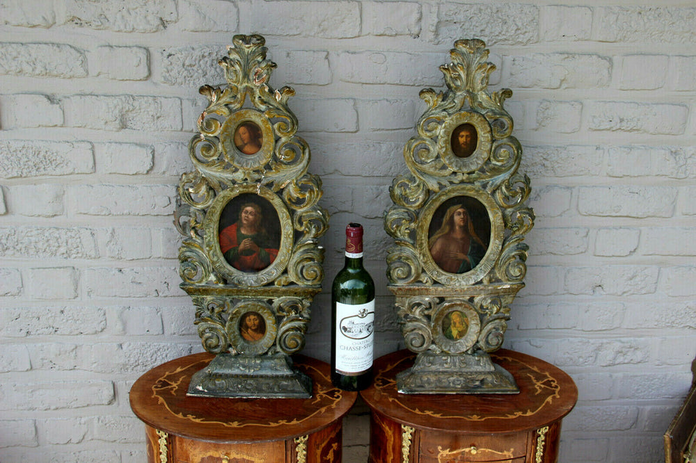 Rare PAIR church antique 18thc wood carved religious plaques panel 3 paintings