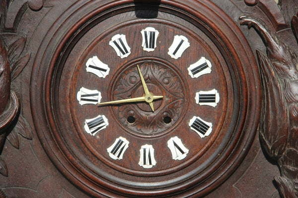 antique German 1900 Black forest wood carved Wall clock hunting trophy fish bird