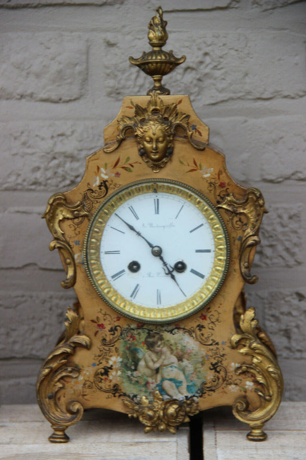 Antique French parisian mantel clock putti angel portrait scene floral decor