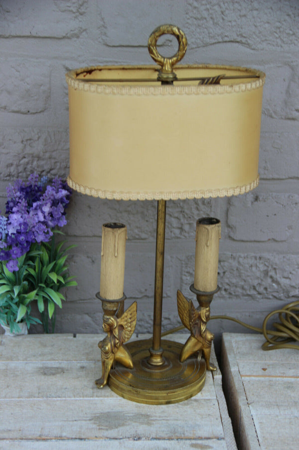 Antique French Bouillotte Empire bronze sphinx Caryatid table lamp
