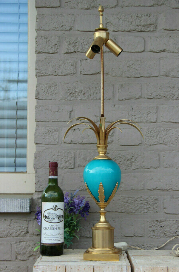 Hollywood regency BOULANGER brass opaline palm tree leaves Lamp 1970