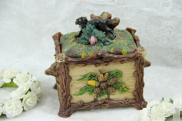 19thc Austrian terracotta barbotine hunting dog deer lidded box Johann Maresch