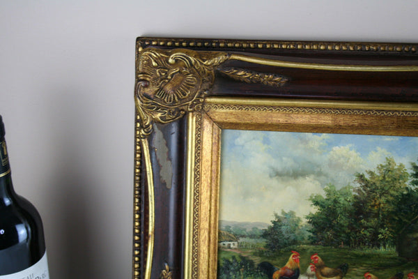 Flemish school oil panel chicken painting 1950's signed