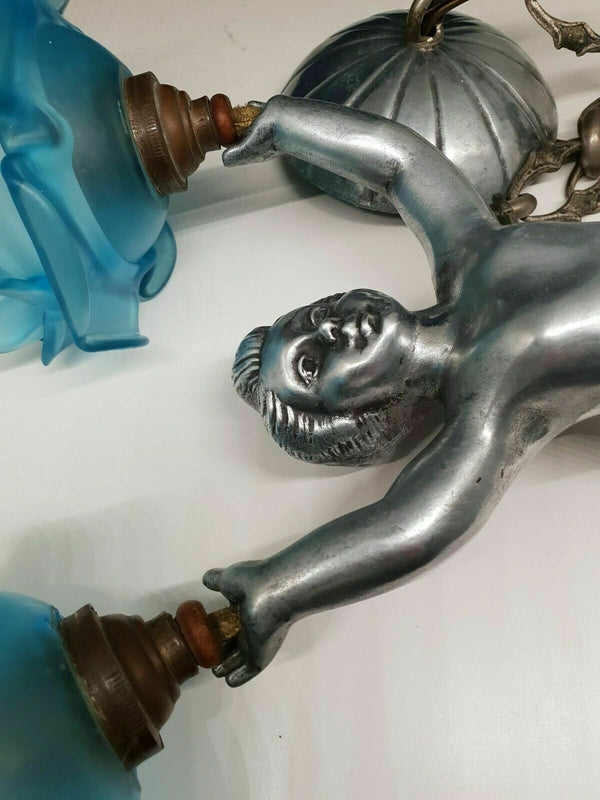 Antique Metal Silver patina Putti angel Chandelier pendant lamp blue glass shade