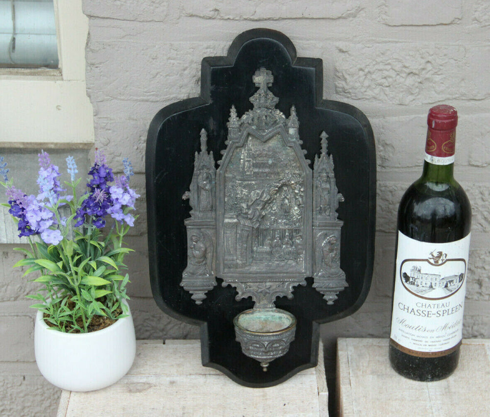 Large Antique neo gothic religious holy water font saints madonna on wood plaque