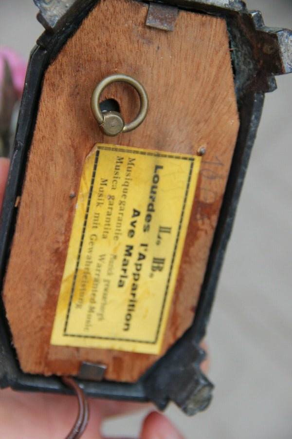 Antique French Notre dame LOURDES Spelter music box porcelain flowers lamp