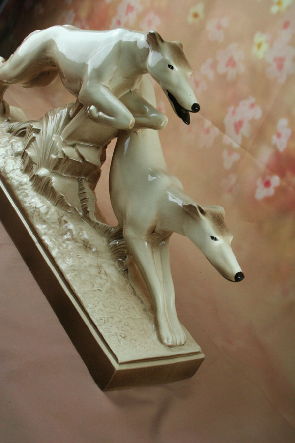 LARGE French Art Deco ceramic two running greyhound Whippet Signed LEMANCEAU
