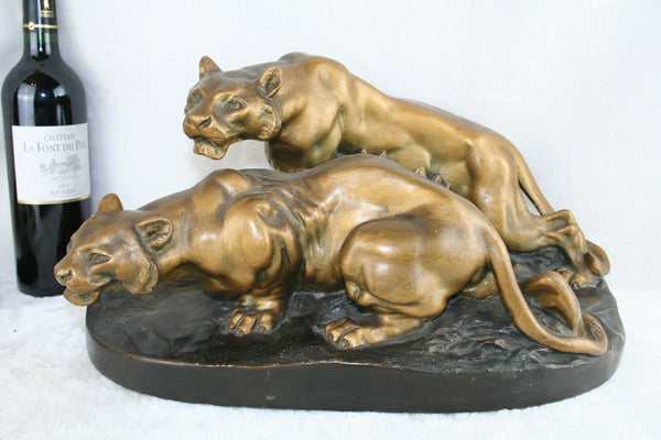 Large ART deco 30's Chalkware gold patina Tiger Panther Couple on the hunt
