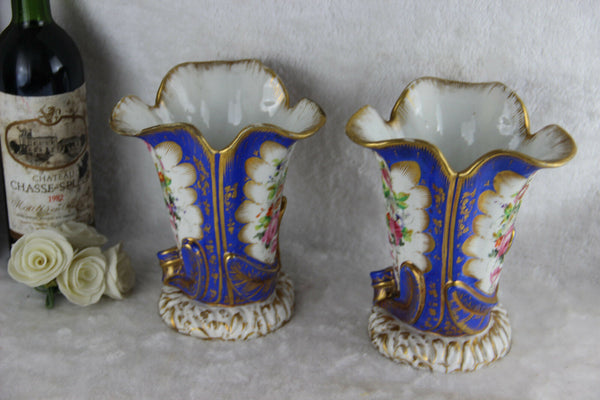 PAIR jacob petit marked Cornucopia horn Vases vieux paris porcelain hand paint