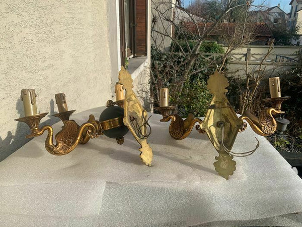 Majestical pair French bronze swan empire animal 3 arm wall sconces lights rare