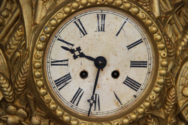 Antique Cast iron Farm animals Horse cow goat wheat gold gilt wall clock rare