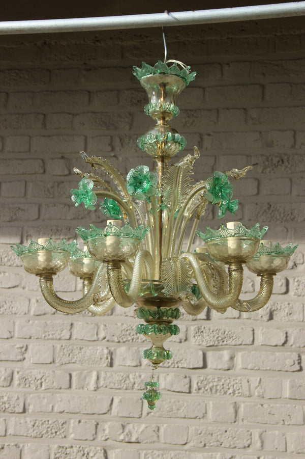 Rare murano green amber colour 6 arms hand blown glass chandelier 1970 Italy