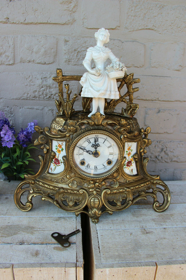 Italian Bronze porcelain plaques bisque lady figurine mantel clock 1970