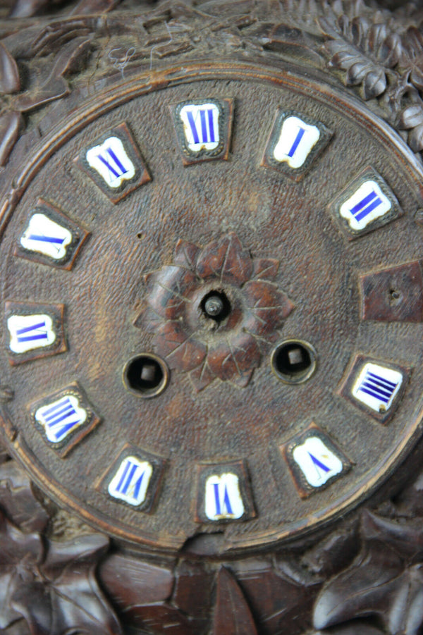 Huge BLACK FOREST wood carved 1885 Clock deer hunt birds marked