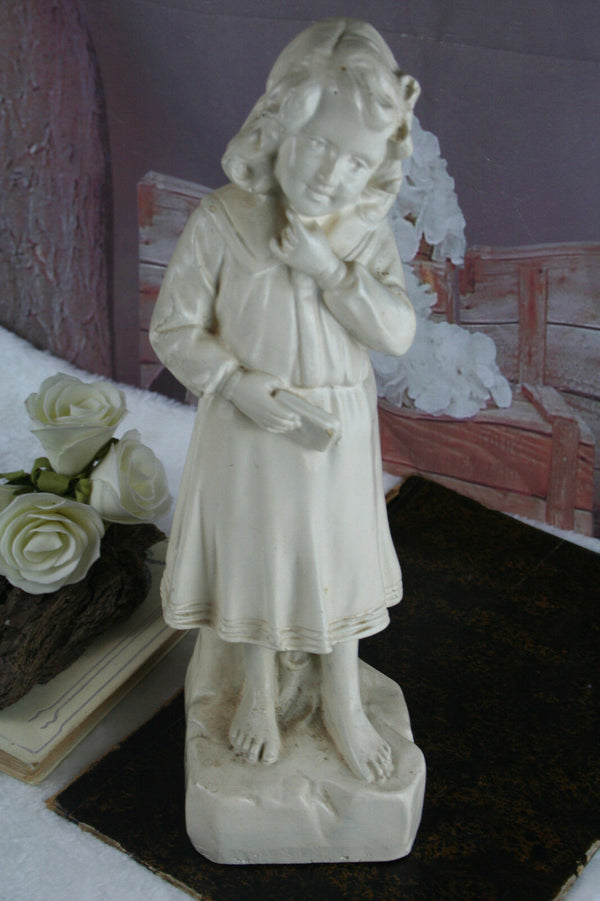 Cute Antique French chalkware girl figurine marked statue