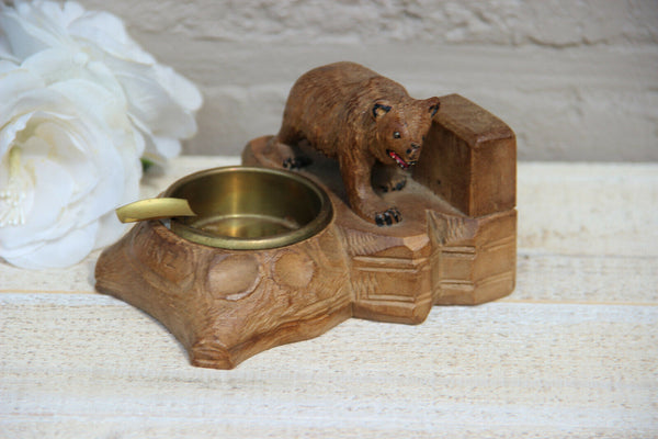 Antique hand Black forest wood carved swiss bear statue figurine ashtray BRIENZ