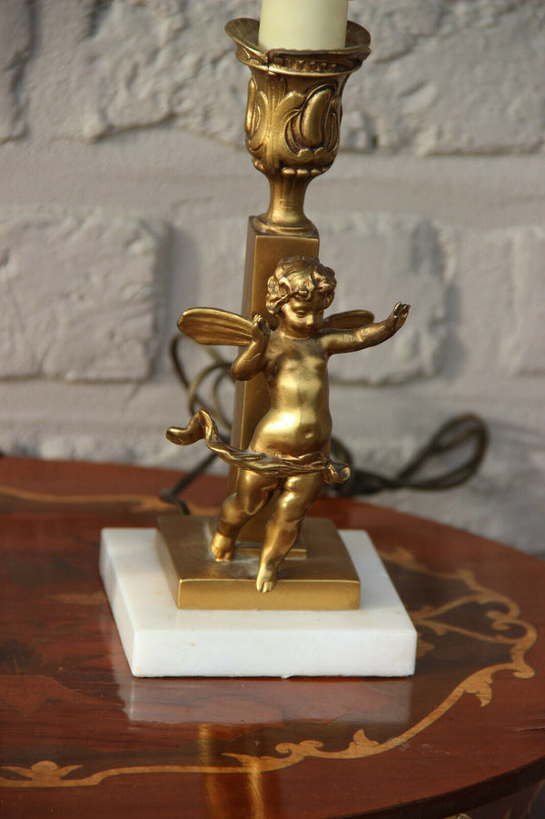 PAIR antique bronze putti angels night table lights lamps onyx marble base 1920