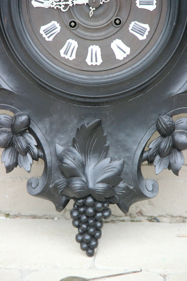 XXL Antique BLACK FOREST wood carved fruits pineapple wall clock black rare