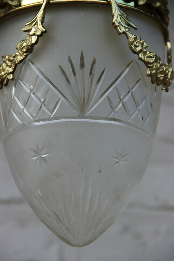 FRench Hall lantern chandelier brass crystal val saint lambert acorn shade