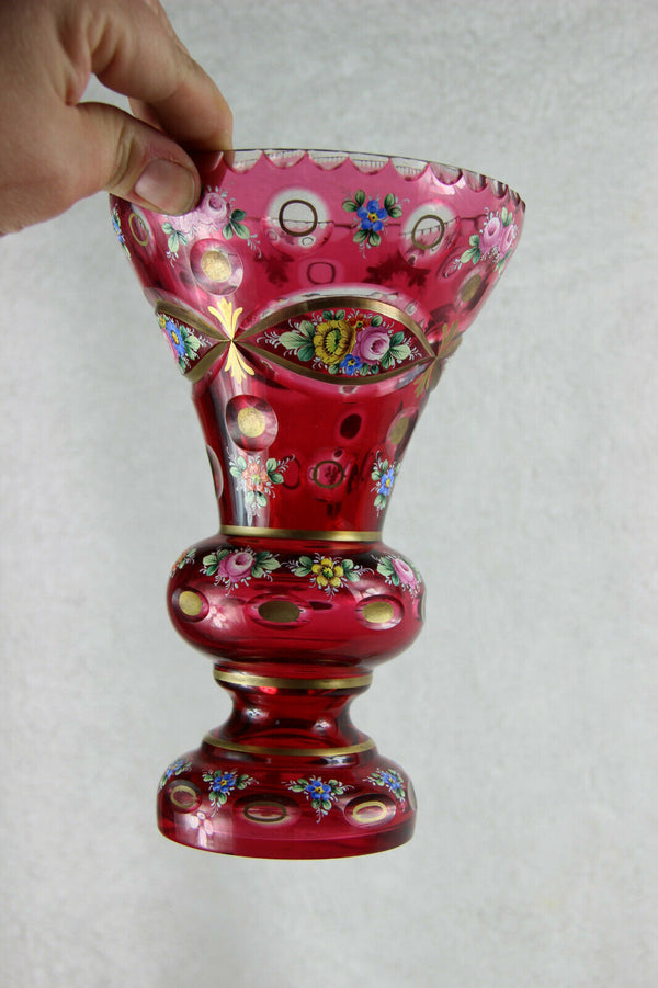 Antique MOSER Bohemia enamel ruby red glass floral VASE