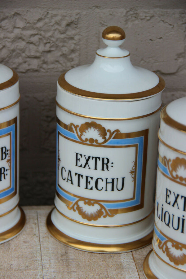 Antique VIEUX BRUSSELS porcelain Set 7 pharmacy pots Latin texts