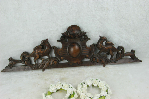 Antique large French pediment fronton wood carved gothic phenix dragon birds