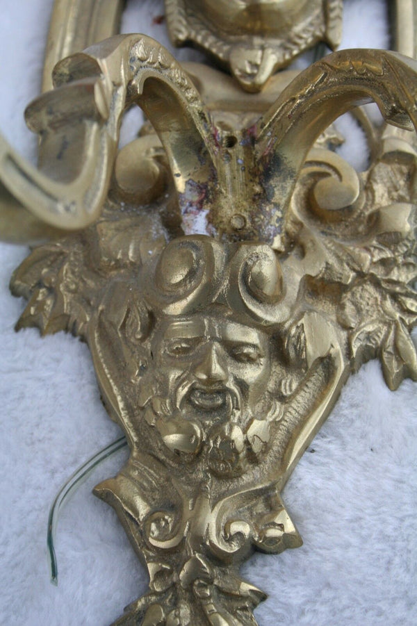 Huge PAIR French antique bronze putti faun satyr 3 arms sconces wall lights