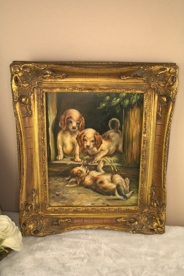 Gorgeous Oil on panel Painting dogs puppies playing signed 1950's