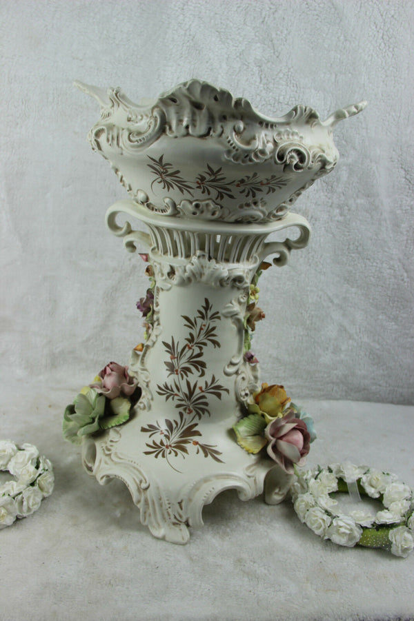 Large capodimonte Italian Ceramic relief flowers Birds 1970