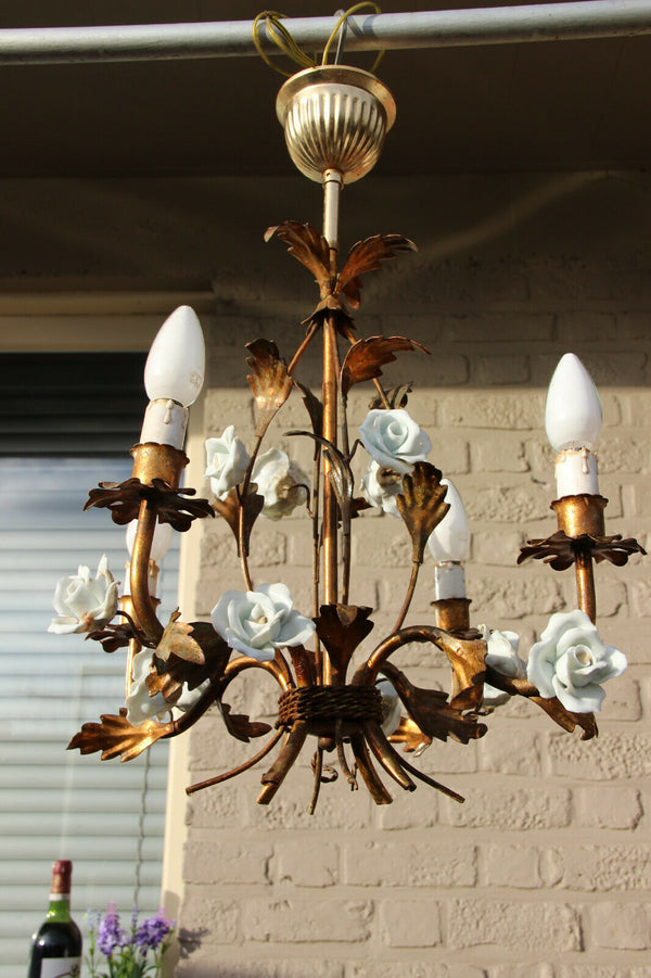 Vintage Metal gold gilt mid century Flower bouquet porcelain roses chandelier