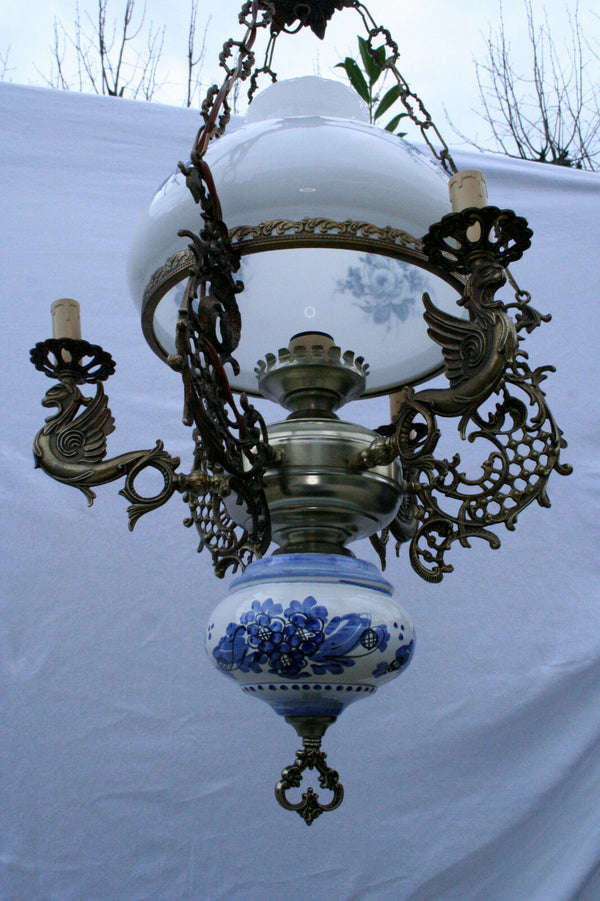 Unusual 60's  Blue white delft faience glass Metal Dragons gothic chandelier