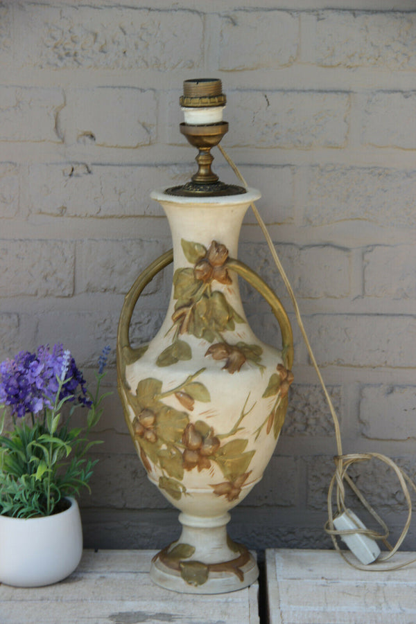 Royal DUX marked porcelain vase mounted lamp relief floral decor
