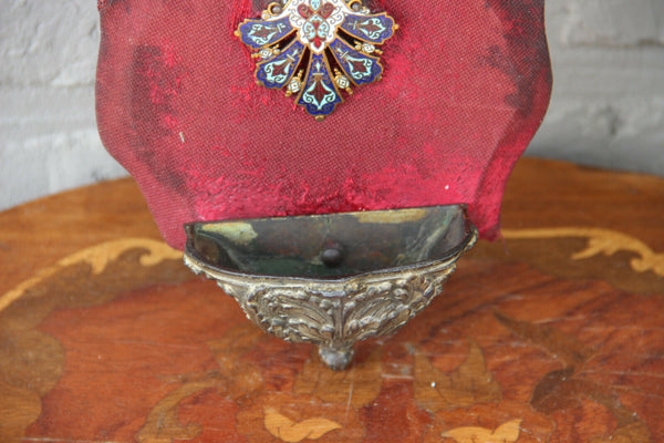 Antique French Religious holy water font bronze christ crucifix cloisonne enamel