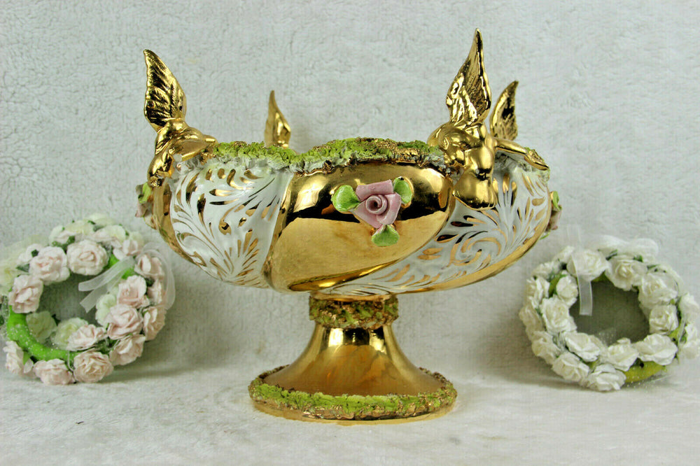 Vintage italian porcelain Centerpiece bowl with encrusted flowers and birds