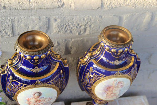 Antique PAIR french putti angels porcelain Blue Vases 19th c