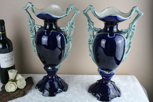 XL antique french  PAIR faience pottery Vases 1930
