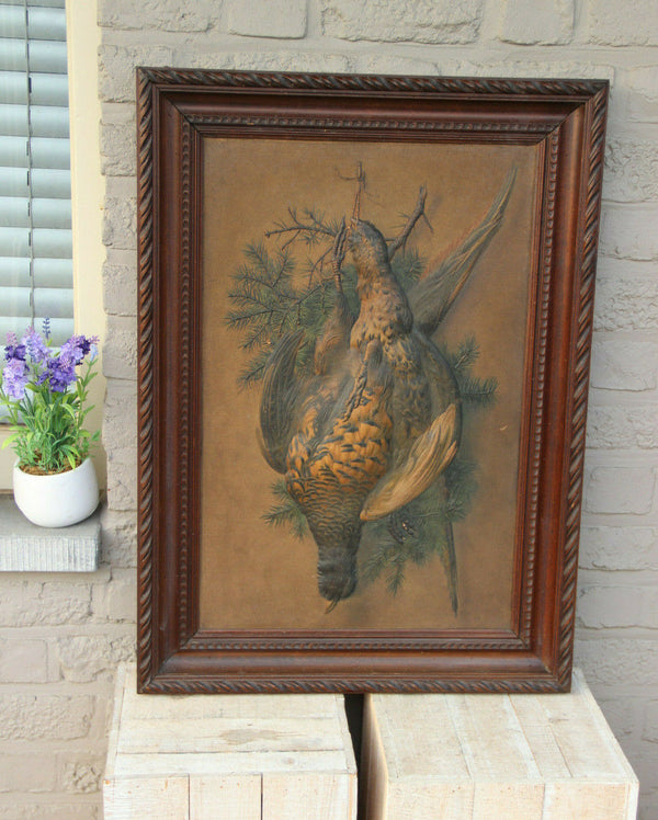 Antique 19thc Hunting trophy partridge bird pheasant relief hand paint panel