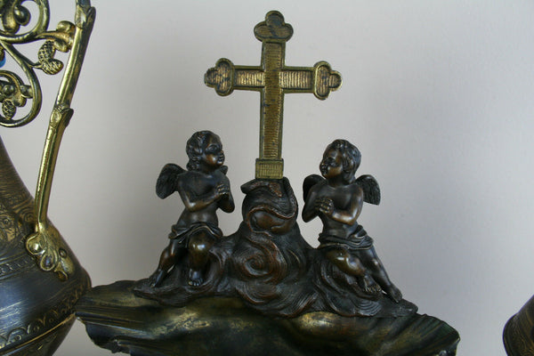 RARE antique religious Holy water font Vases set Putti Devil Dragons set church